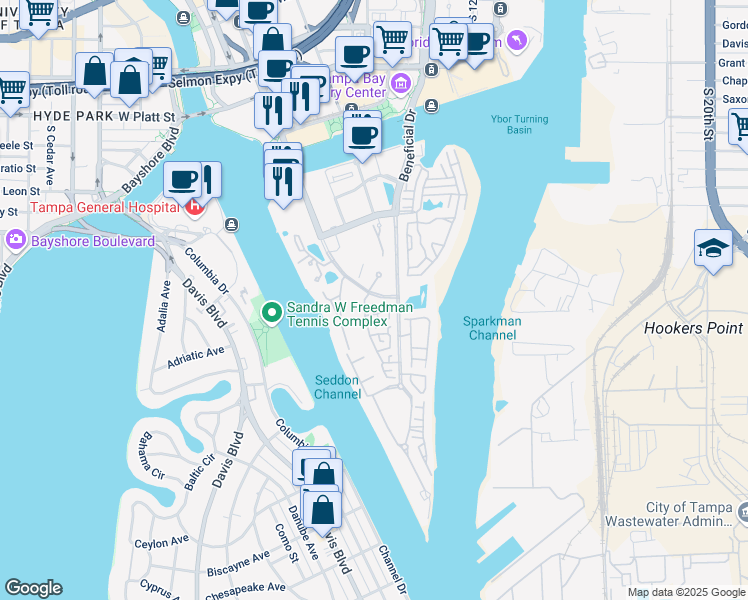 map of restaurants, bars, coffee shops, grocery stores, and more near 312 Inner Harbour Circle in Tampa