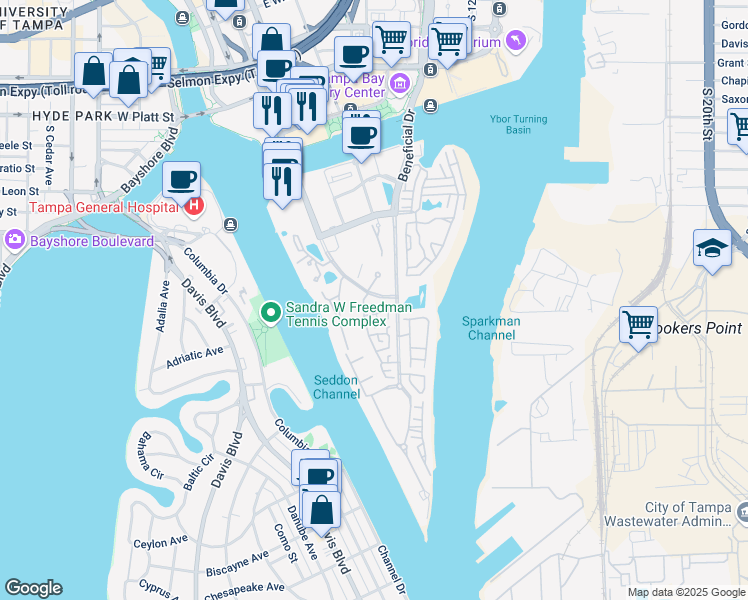 map of restaurants, bars, coffee shops, grocery stores, and more near 312 Inner Harbour Circle in Tampa