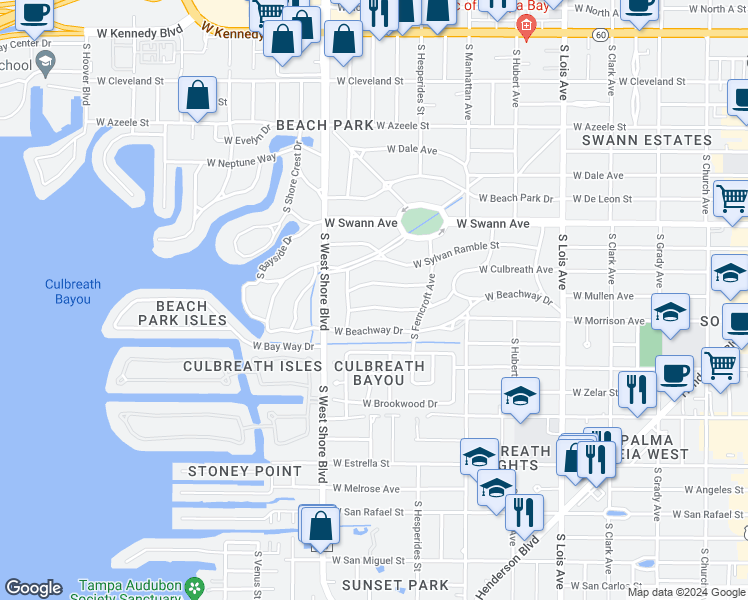 map of restaurants, bars, coffee shops, grocery stores, and more near 4519 West Culbreath Avenue in Tampa