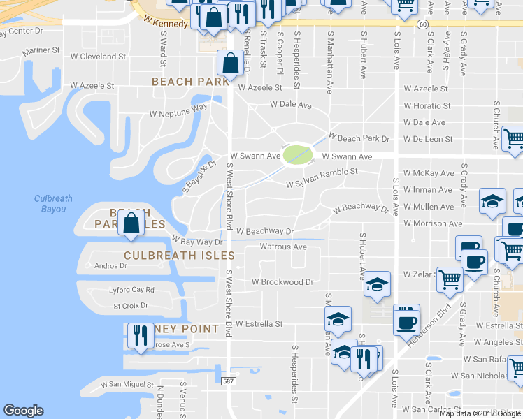 map of restaurants, bars, coffee shops, grocery stores, and more near 4521 West Culbreath Avenue in Tampa