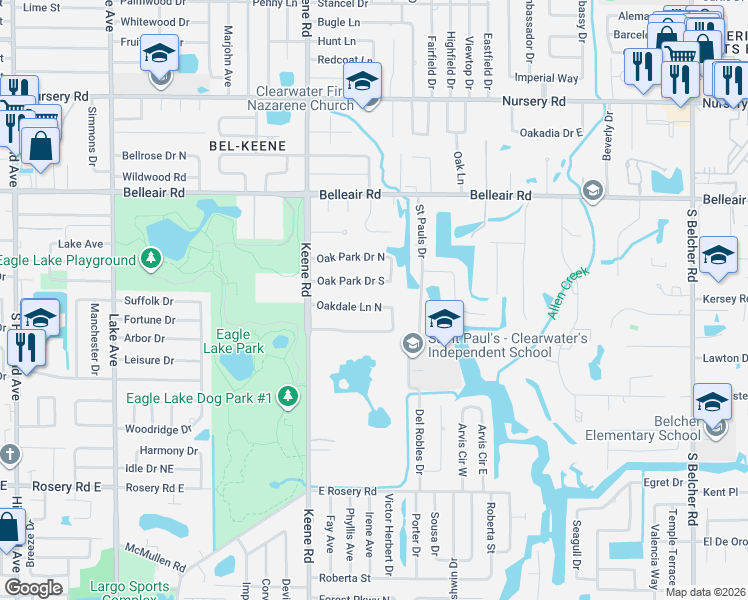 map of restaurants, bars, coffee shops, grocery stores, and more near 1900 Oakdale Lane North in Clearwater
