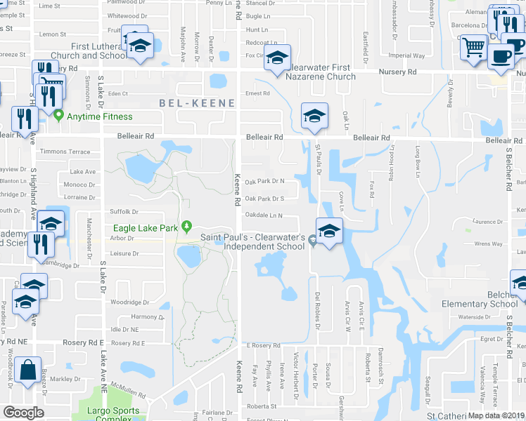 map of restaurants, bars, coffee shops, grocery stores, and more near 1844 Oakdale Lane North in Clearwater