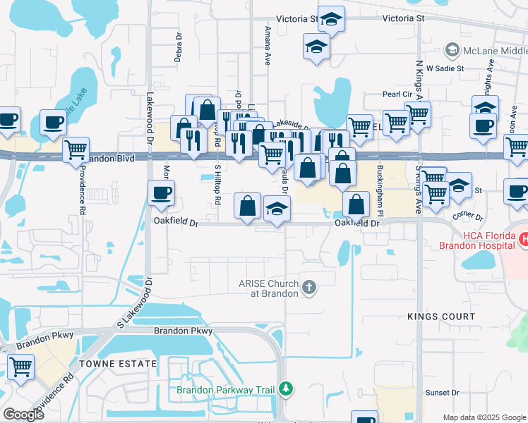 map of restaurants, bars, coffee shops, grocery stores, and more near 1320 Oakfield Drive in Brandon