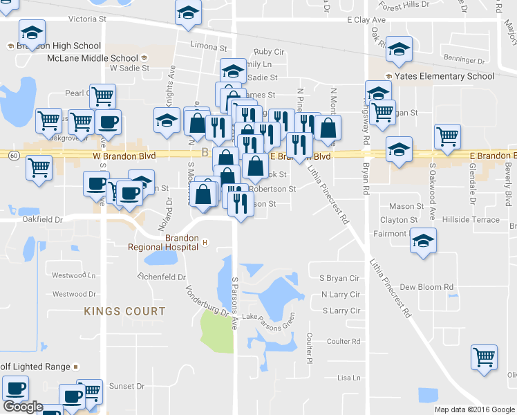 map of restaurants, bars, coffee shops, grocery stores, and more near 201 Mason Street in Brandon