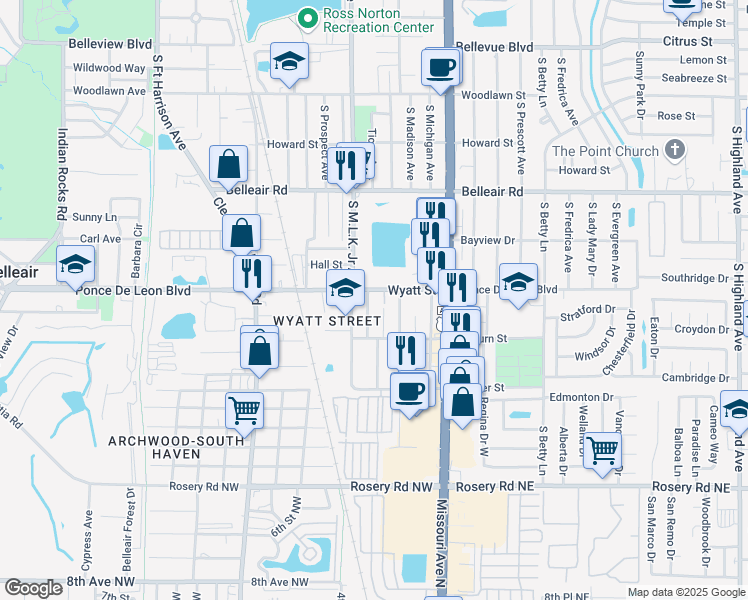 map of restaurants, bars, coffee shops, grocery stores, and more near 1719 Tioga Avenue in Clearwater