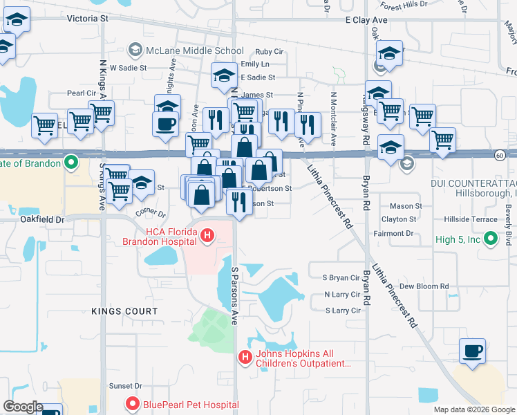 map of restaurants, bars, coffee shops, grocery stores, and more near 201 Mason Street in Brandon