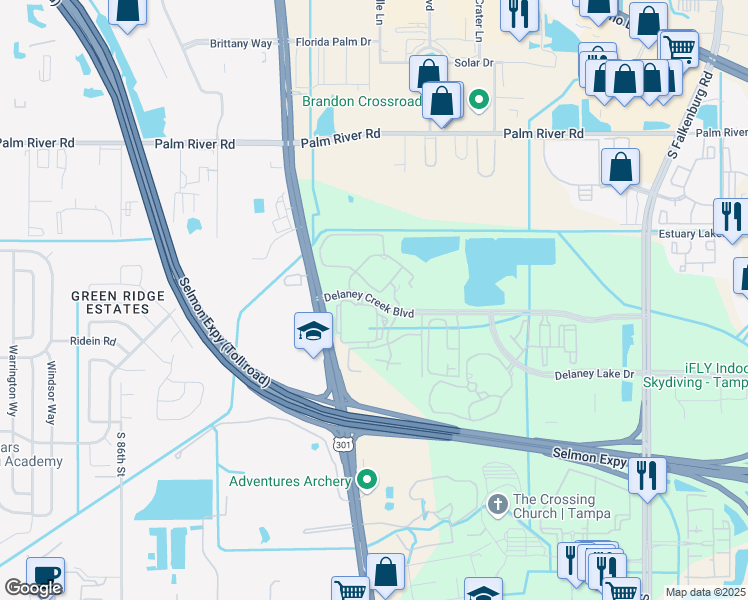 map of restaurants, bars, coffee shops, grocery stores, and more near 9519 Delaney Creek Boulevard in Tampa