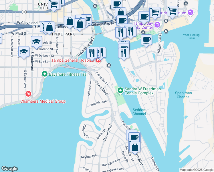 map of restaurants, bars, coffee shops, grocery stores, and more near 43 Davis Boulevard in Tampa