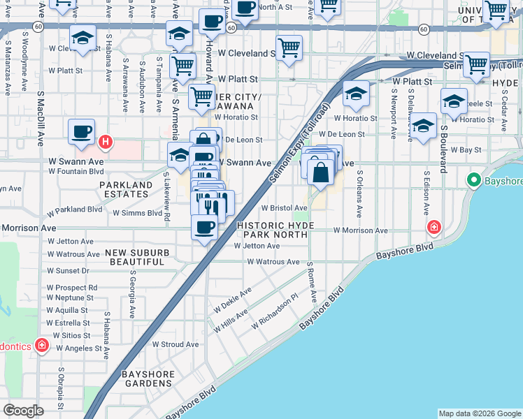 map of restaurants, bars, coffee shops, grocery stores, and more near 905 South Bruce Street in Tampa