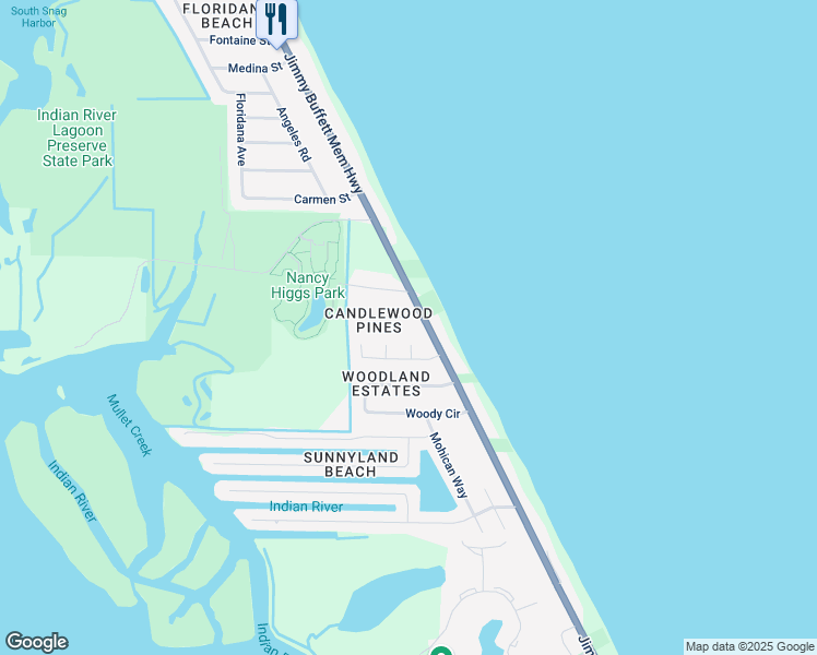 map of restaurants, bars, coffee shops, grocery stores, and more near 232 Leslie Court in Melbourne Beach