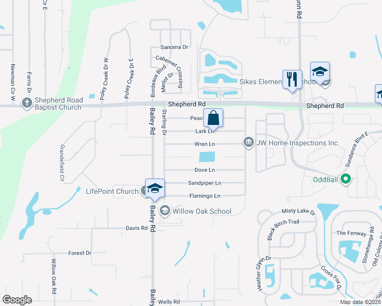 map of restaurants, bars, coffee shops, grocery stores, and more near 3405 Tanager Lane East in Mulberry
