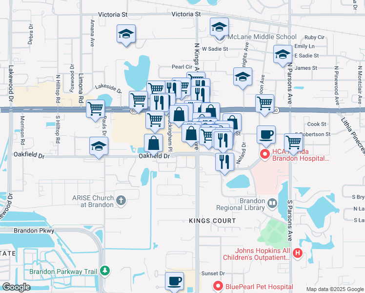map of restaurants, bars, coffee shops, grocery stores, and more near 210 South Kings Avenue in Brandon