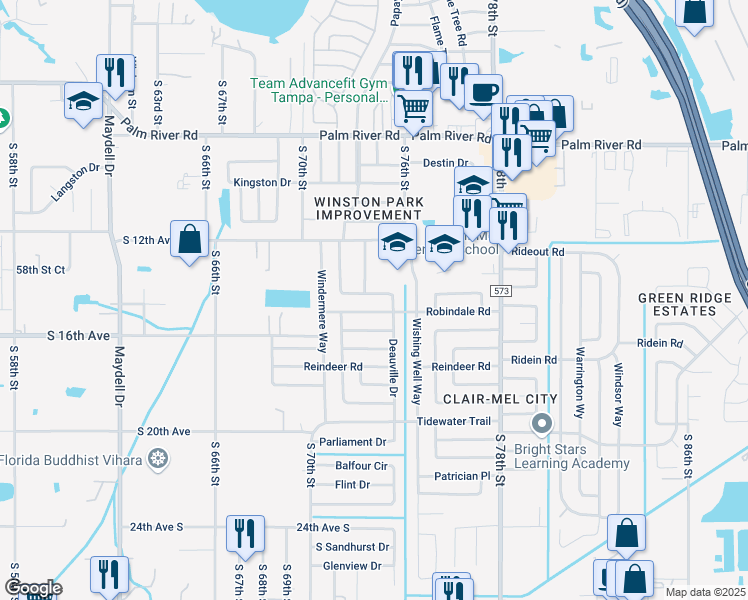 map of restaurants, bars, coffee shops, grocery stores, and more near 7116 Robindale Road in Tampa