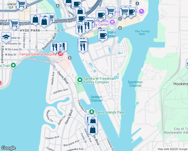 map of restaurants, bars, coffee shops, grocery stores, and more near 911 Mooring Circle in Tampa