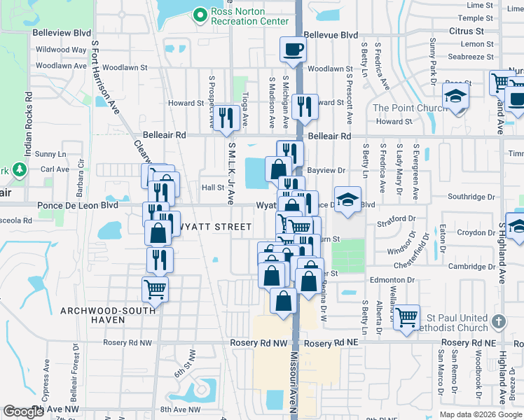map of restaurants, bars, coffee shops, grocery stores, and more near 1727 Crawford Avenue in Clearwater