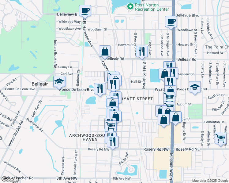 map of restaurants, bars, coffee shops, grocery stores, and more near 1721 Clearwater Largo Road North in Clearwater