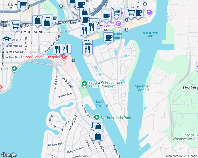 map of restaurants, bars, coffee shops, grocery stores, and more near 911 Mooring Circle in Tampa