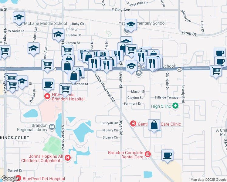map of restaurants, bars, coffee shops, grocery stores, and more near 210 Bryan Road in Brandon