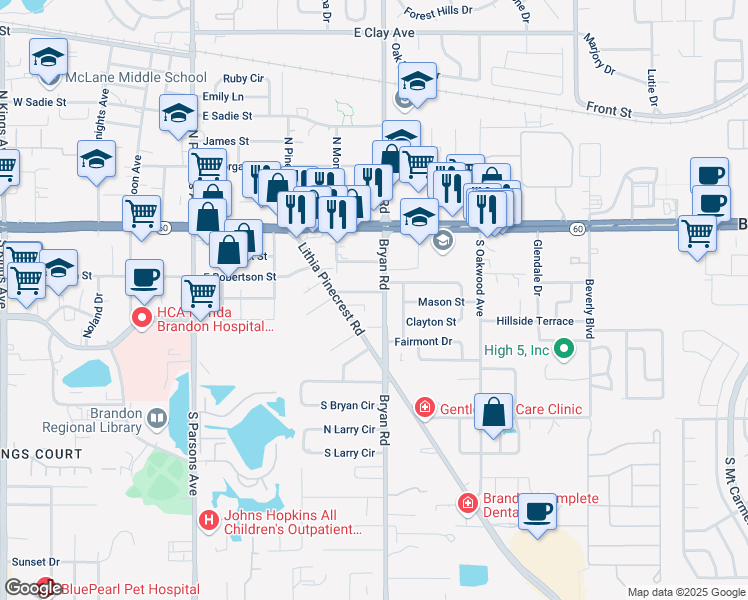 map of restaurants, bars, coffee shops, grocery stores, and more near 210 Bryan Road in Brandon