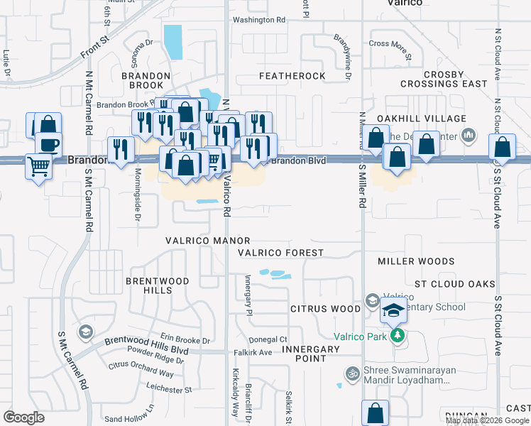 map of restaurants, bars, coffee shops, grocery stores, and more near 2137 Golden Oak Lane in Valrico
