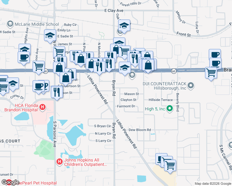 map of restaurants, bars, coffee shops, grocery stores, and more near 205 Bryan Road in Brandon