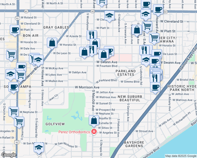 map of restaurants, bars, coffee shops, grocery stores, and more near 2902 West Parkland Boulevard in Tampa