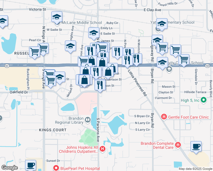 map of restaurants, bars, coffee shops, grocery stores, and more near 207 Terrell Lane in Brandon