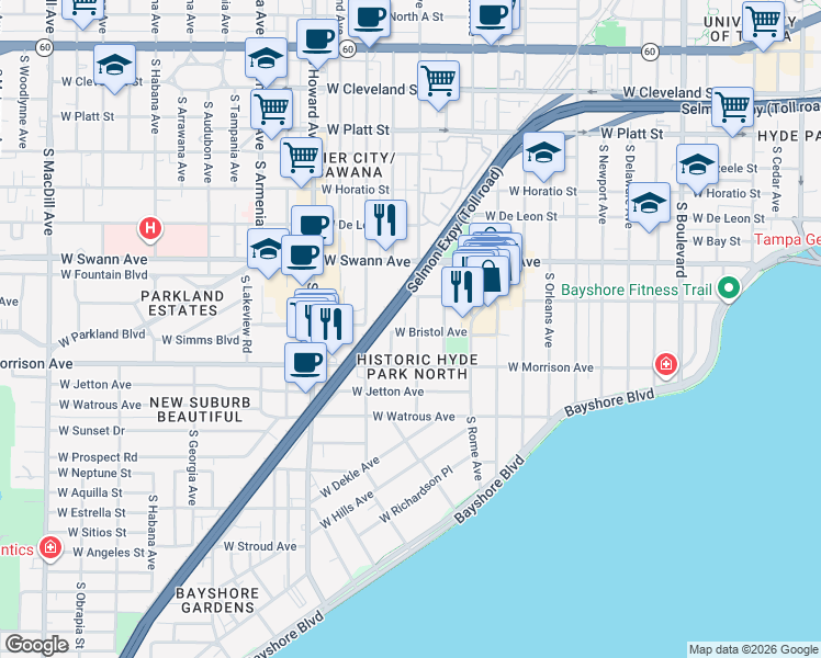 map of restaurants, bars, coffee shops, grocery stores, and more near 905 South Fremont Avenue in Tampa