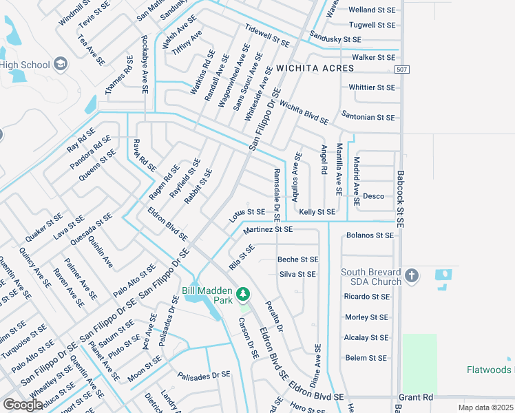 map of restaurants, bars, coffee shops, grocery stores, and more near 1350 Lotus Street Southeast in Palm Bay