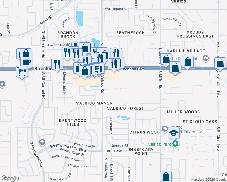 map of restaurants, bars, coffee shops, grocery stores, and more near 2133 Golden Oak Lane in Valrico