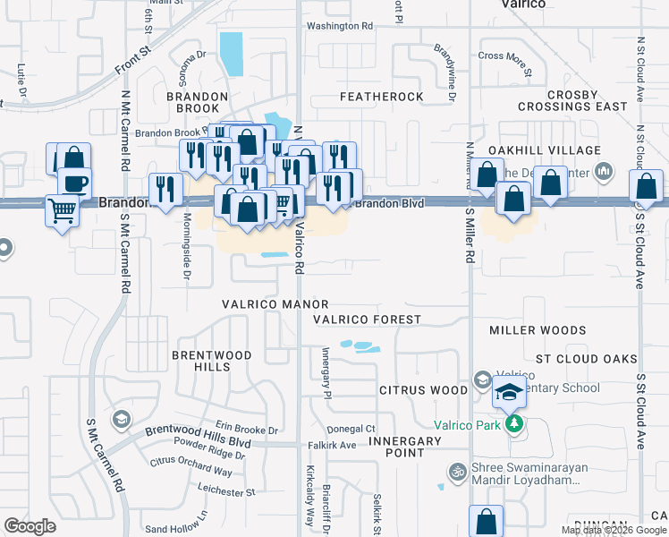 map of restaurants, bars, coffee shops, grocery stores, and more near 2137 Golden Oak Lane in Valrico