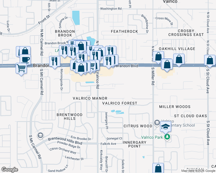 map of restaurants, bars, coffee shops, grocery stores, and more near 2135 Golden Oak Lane in Valrico