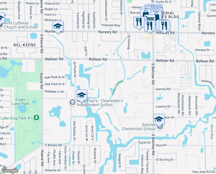 map of restaurants, bars, coffee shops, grocery stores, and more near 1712 Long Bow Lane in Clearwater