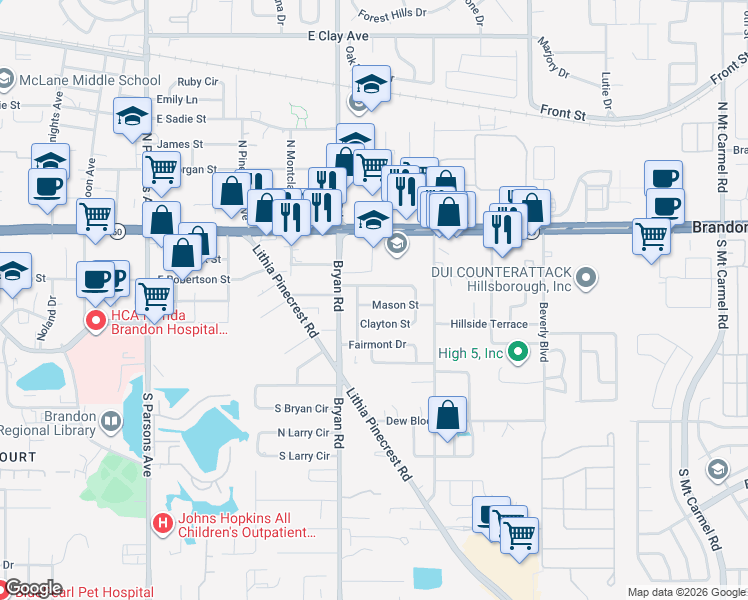 map of restaurants, bars, coffee shops, grocery stores, and more near 211 Harmony Lane in Brandon