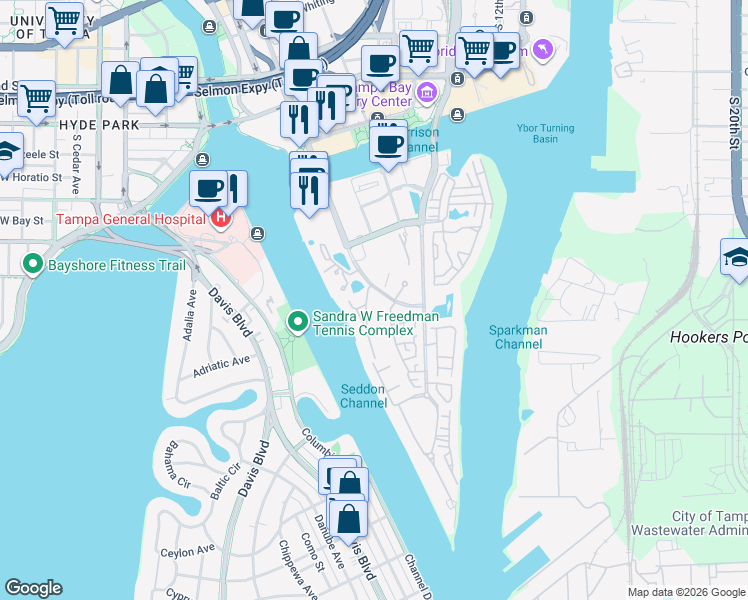 map of restaurants, bars, coffee shops, grocery stores, and more near 912 Anchorage Road in Tampa