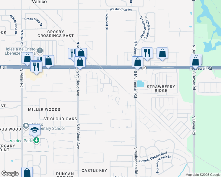 map of restaurants, bars, coffee shops, grocery stores, and more near 3106 Pullman Car Drive in Valrico