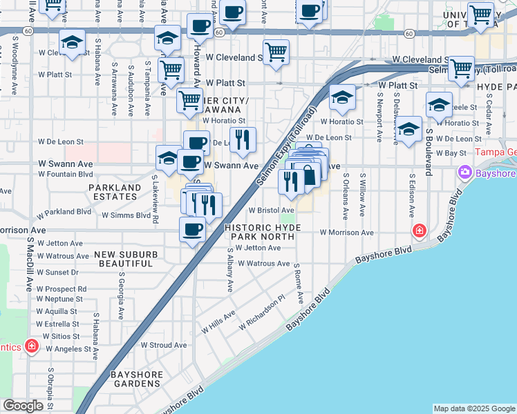 map of restaurants, bars, coffee shops, grocery stores, and more near 905 South Fremont Avenue in Tampa