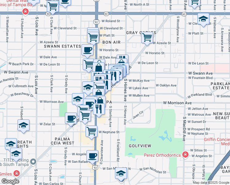 map of restaurants, bars, coffee shops, grocery stores, and more near 3618 West Mullen Avenue in Tampa
