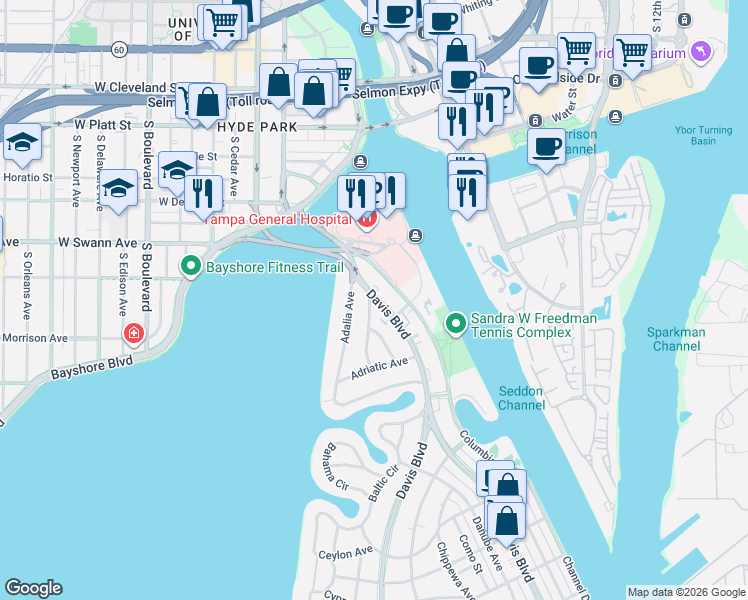 map of restaurants, bars, coffee shops, grocery stores, and more near 36 Aegean Avenue in Tampa