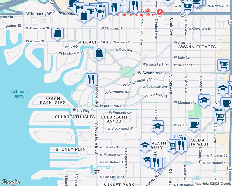 map of restaurants, bars, coffee shops, grocery stores, and more near 4518 West Rosemere Road in Tampa