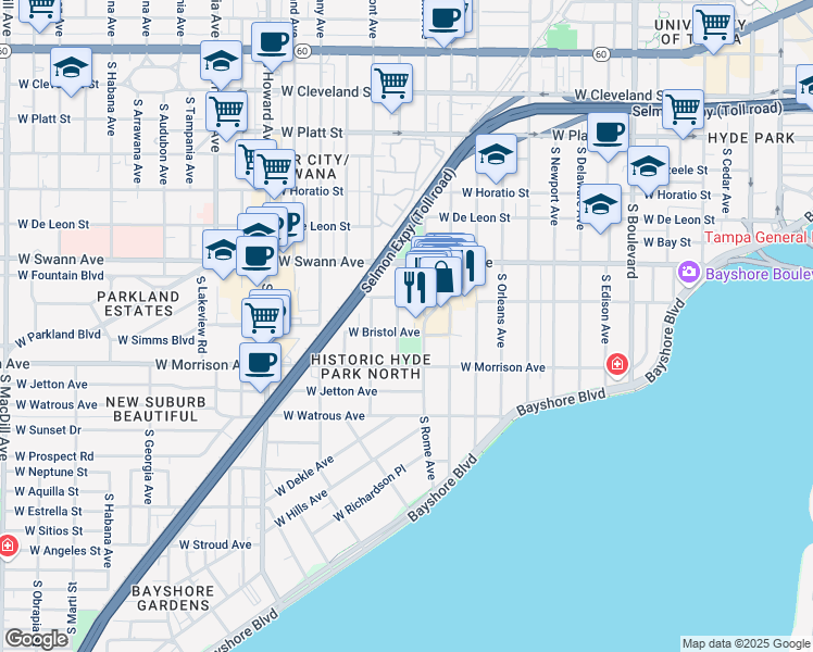 map of restaurants, bars, coffee shops, grocery stores, and more near 1703 West Bristol Avenue in Tampa