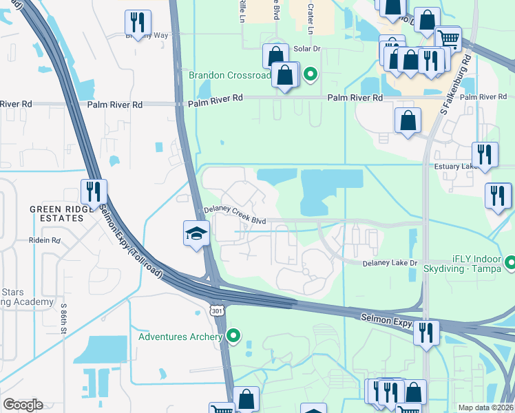map of restaurants, bars, coffee shops, grocery stores, and more near 1502 Marsh Cove Court in Tampa