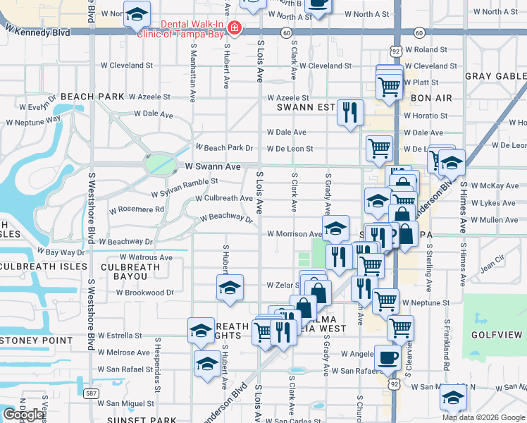 map of restaurants, bars, coffee shops, grocery stores, and more near 4115 West Mullen Avenue in Tampa