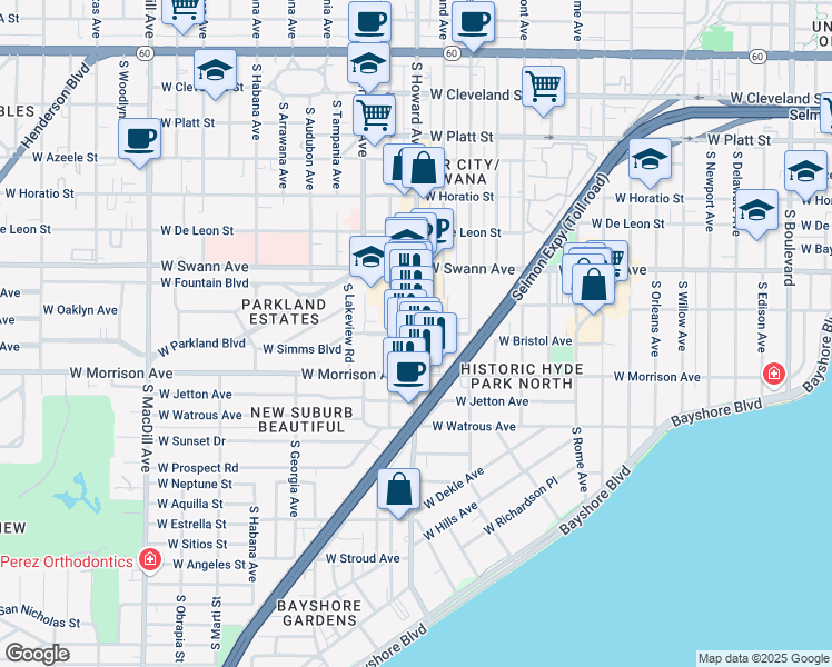 map of restaurants, bars, coffee shops, grocery stores, and more near S Howard Ave & W Bristol Ave in Tampa