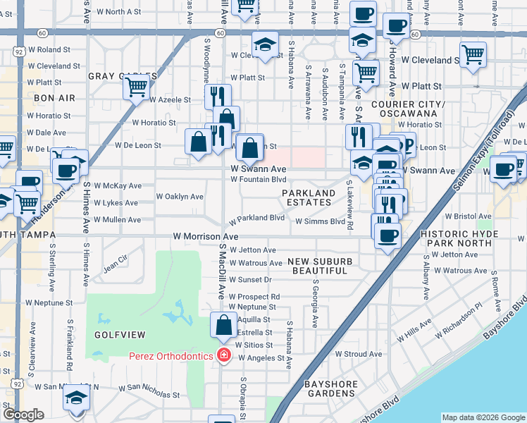 map of restaurants, bars, coffee shops, grocery stores, and more near 2812 West Parkland Boulevard in Tampa