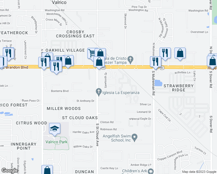 map of restaurants, bars, coffee shops, grocery stores, and more near 2911 Bear Oak Drive in Valrico