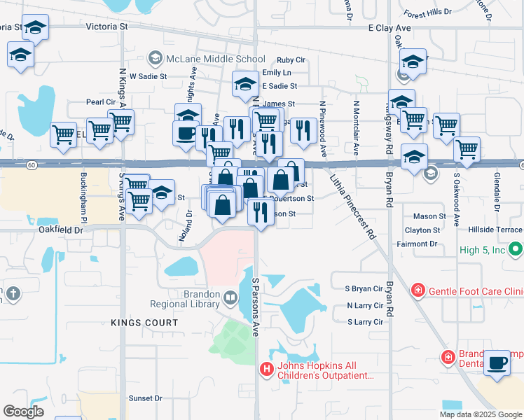 map of restaurants, bars, coffee shops, grocery stores, and more near 305 South Parsons Avenue in Brandon