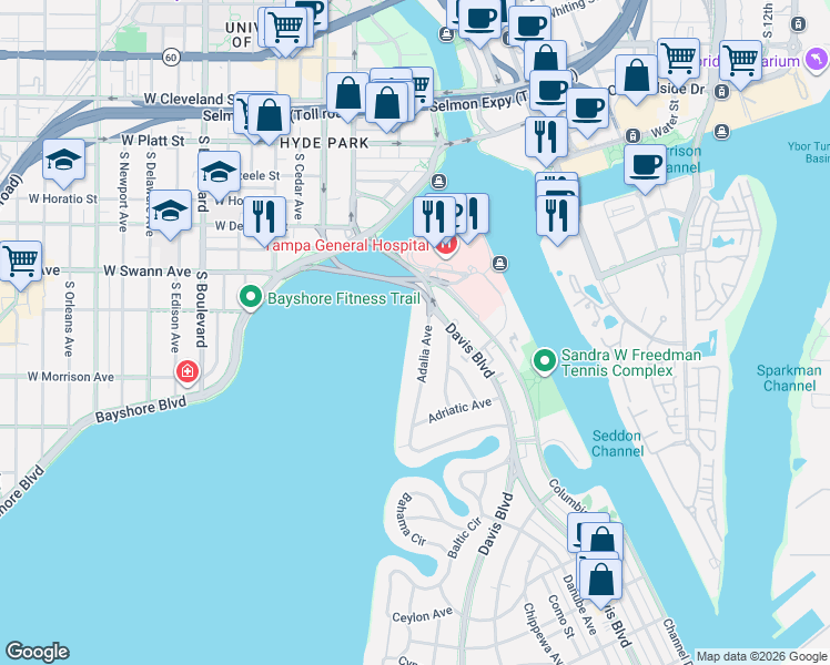 map of restaurants, bars, coffee shops, grocery stores, and more near 40 Adalia Avenue in Tampa