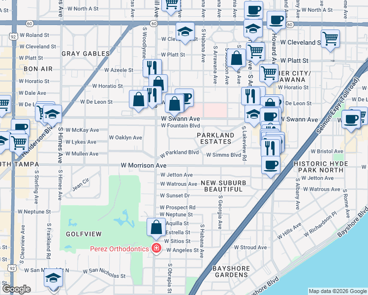 map of restaurants, bars, coffee shops, grocery stores, and more near 2812 West Parkland Boulevard in Tampa