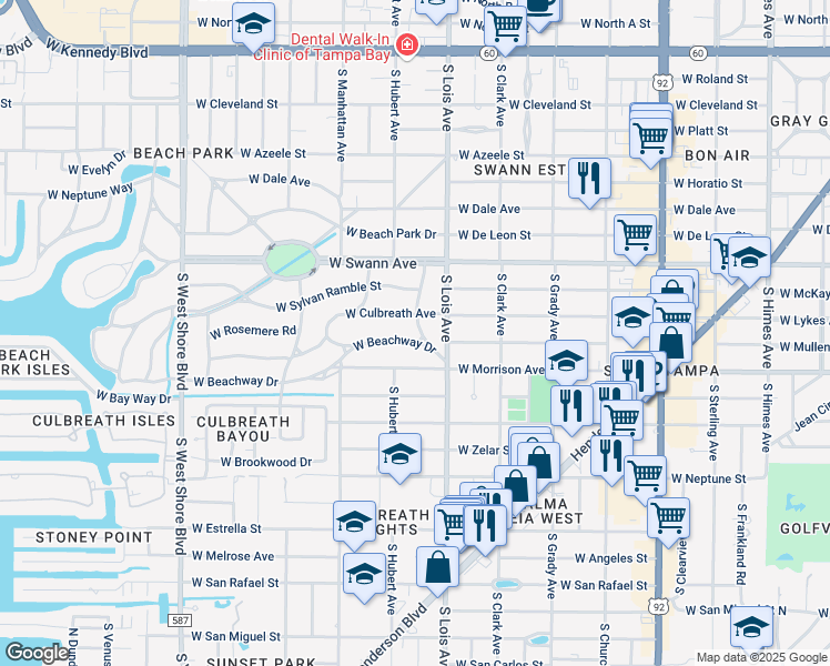 map of restaurants, bars, coffee shops, grocery stores, and more near 4204 West Beachway Drive in Tampa